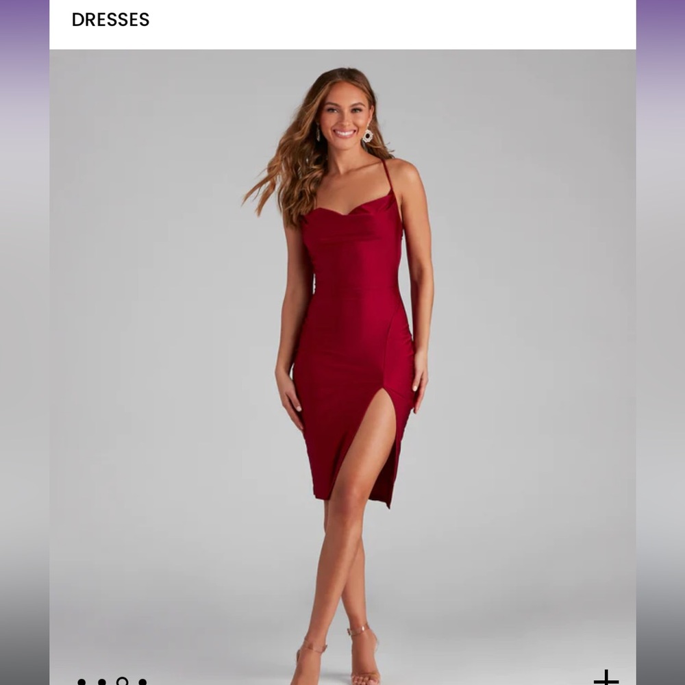 Red cowl neck midi dress with side slit